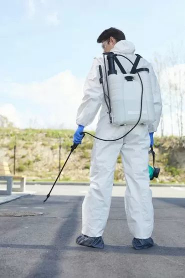 disinfection worker back view